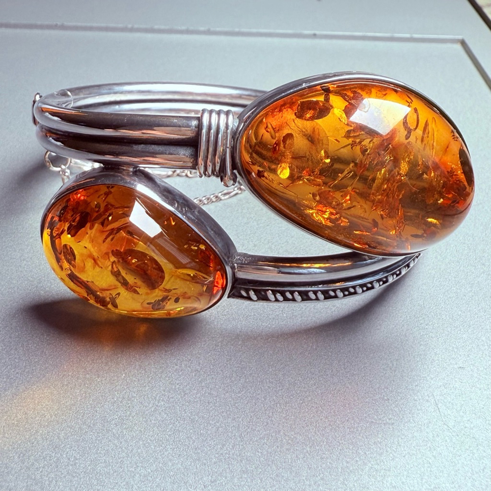 Modernist BIG Baltic Honey Amber Bypass Sterling Silver 925 VTG Bracelet MCM